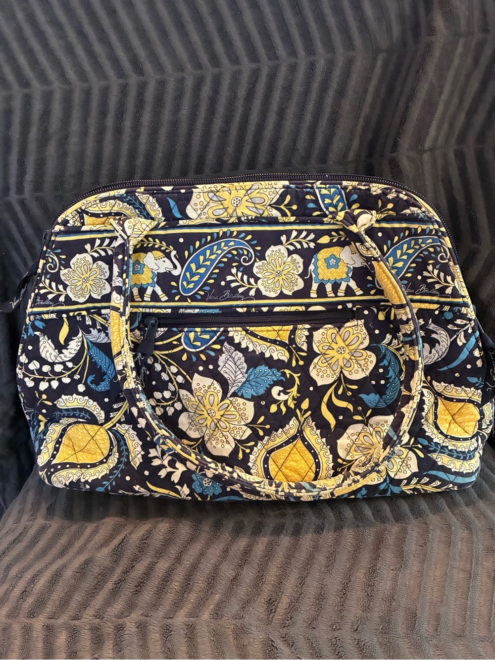 Retired Ellie Blue Vera Bradley Navy Yellow Floral Quilted Tote